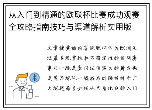 从入门到精通的欧联杯比赛成功观赛全攻略指南技巧与渠道解析实用版