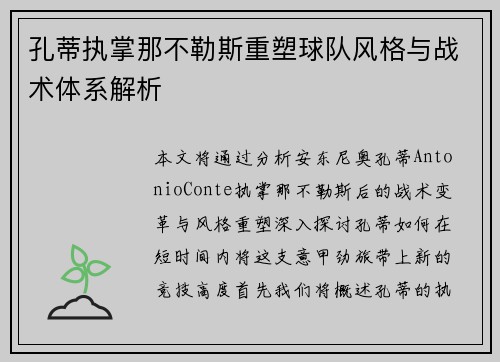 孔蒂执掌那不勒斯重塑球队风格与战术体系解析 孔蒂执掌那不勒斯重塑球队风格与战术体系解析